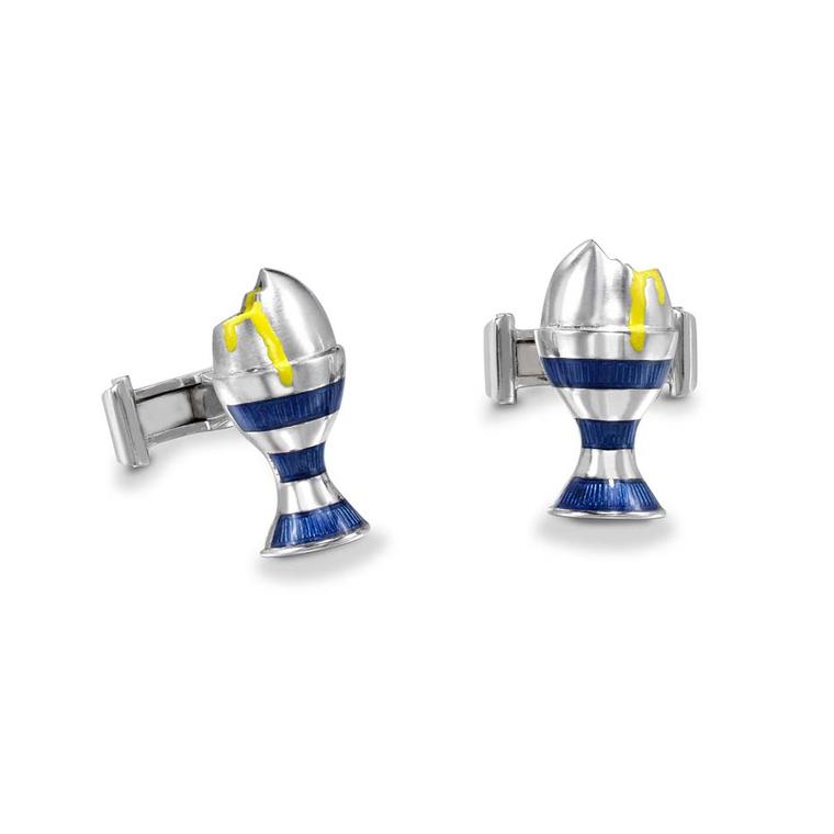 Theo Fennell's 18ct white gold and enamelled blue striped boiled egg cufflinks are truly original and a great egg alternative this Easter.